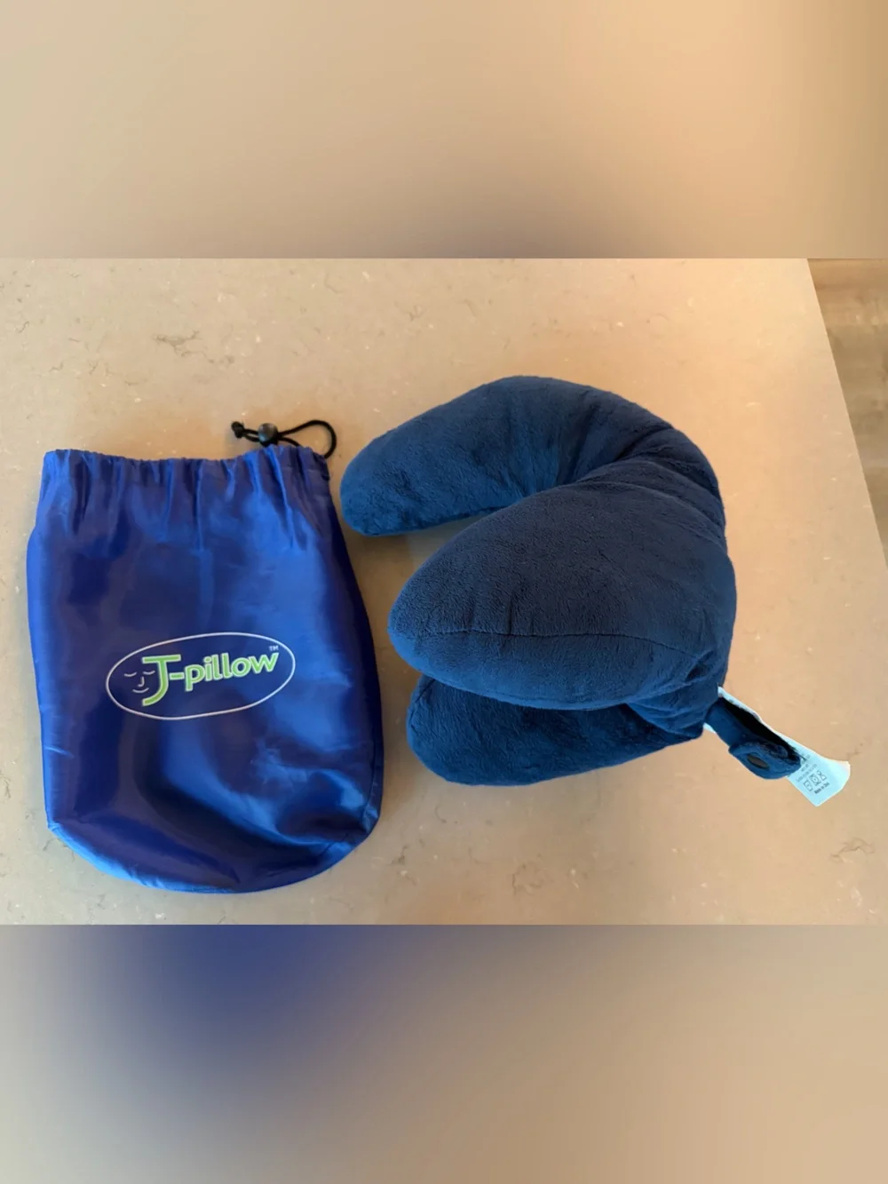 J-Pillow Travel Pillow Airplane Neck & Chin Support w/ Storage Bag EUC Navy Blue